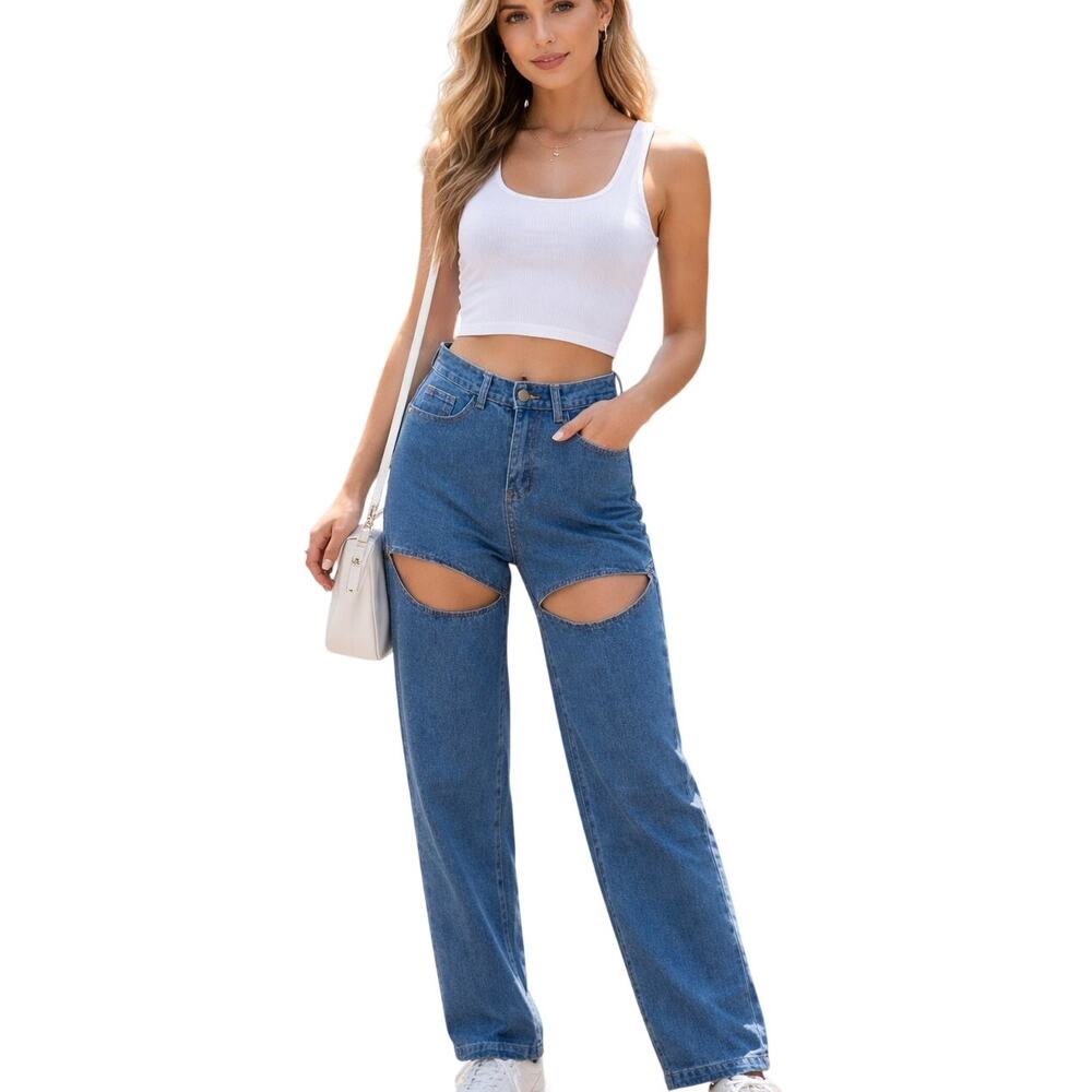 Luxedress Cutout High Waist Straight Leg Denim Jeans, Size M (fits size 4)